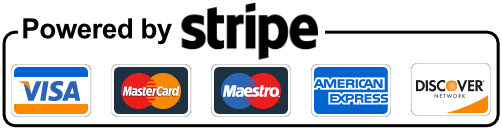 Powered by Stripe — Visa, Mastercard, Maestro, American Express, Discover